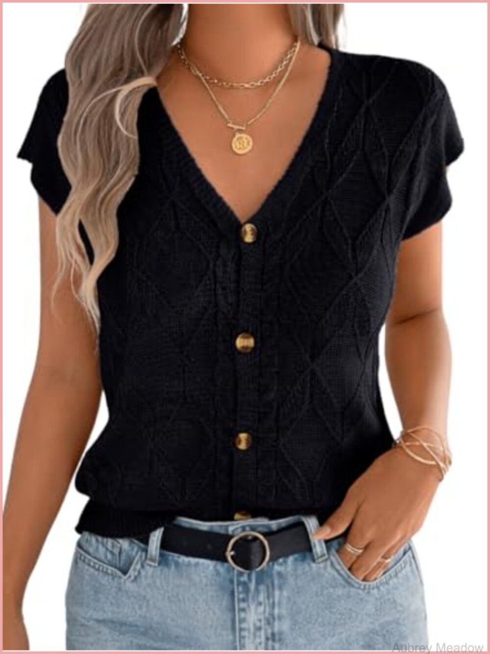 Cap Sleeve V Neck Button Down Argyle Sweater Vest